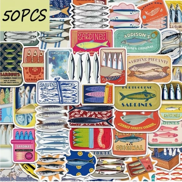 Other - 50 Sardine Tin Can Fish Stickers Colorful Nautical Mediterranean Sea Italian